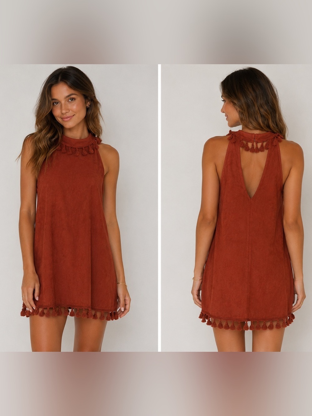 Entro Brown Faux Suede Sleeveless Halter Mini Dress With Tassels Size M Medium